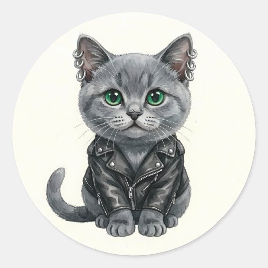 British Blue Punk Cat in Leather Jacket Sticker ラウンドシール (正面)