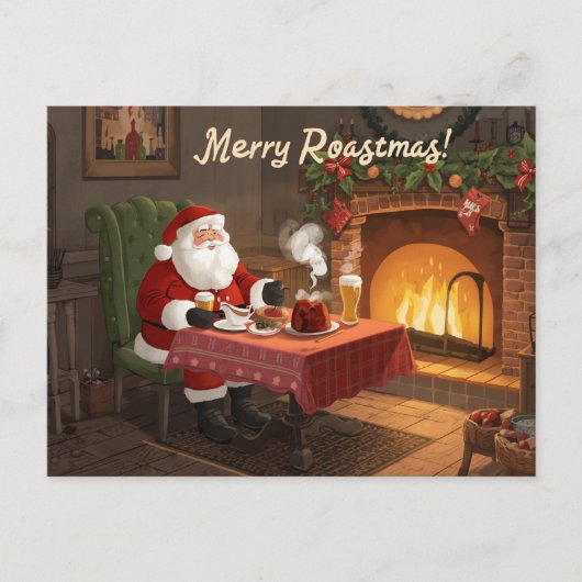 British Christmas Card with Santa Claus at Pub シーズンポストカード (正面)