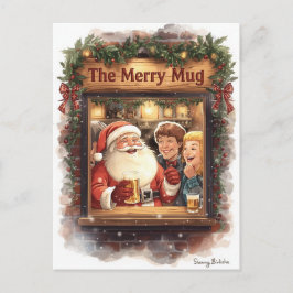 British Christmas Card with Santa Claus at Pub シーズンポストカード