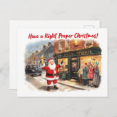 British Christmas Card with Santa Claus at Pub シーズンポストカード (正面/裏面)