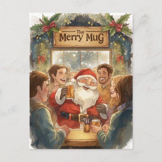 British Christmas Card with Santa Claus at Pub シーズンポストカード (正面)