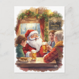 British Christmas Card with Santa Claus at Pub シーズンポストカード