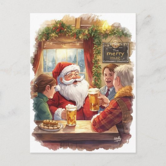 British Christmas Card with Santa Claus at Pub シーズンポストカード (正面)