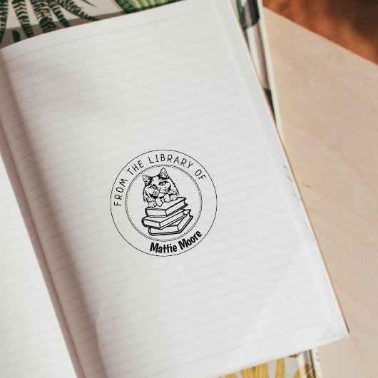 British Long Hair Cat、図書館の本 ラバースタンプ