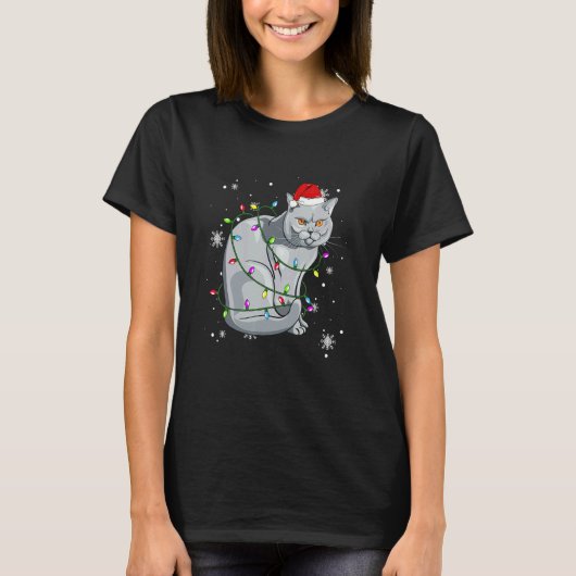 British Shorthair Cat Christmas Lights Christmas C Tシャツ (正面)