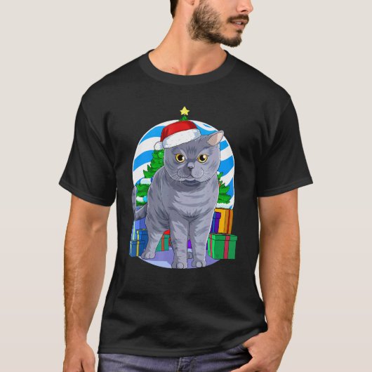 British Shorthair Cat Cute Santa Christmas Tree De Tシャツ (正面)