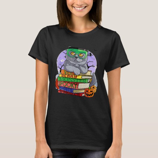 British Shorthair Cat Frankenstein Halloween Witch Tシャツ (正面)
