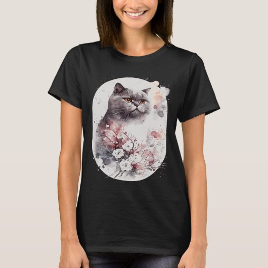 British Shorthair Cat Japanese Cherry Blossom Saku Tシャツ (正面)