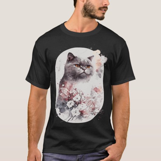 British Shorthair Cat Japanese Cherry Blossom Saku Tシャツ (正面)