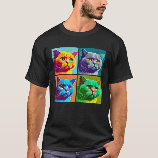British Shorthair Cat Pop Illustration Colorful Tシャツ (正面)