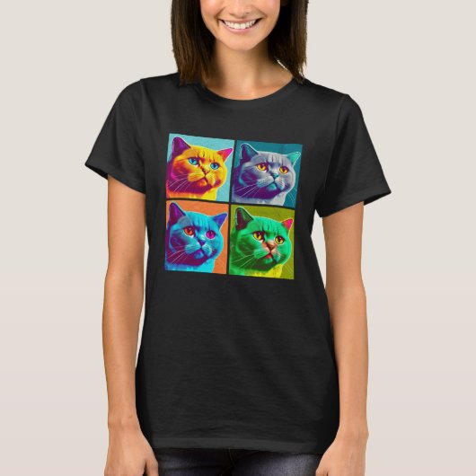 British Shorthair Cat Pop Illustration Colorful Tシャツ (正面)