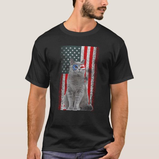 British Shorthair Cat US Flag Sunglasses Independe Tシャツ (正面)