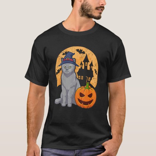 British Shorthair Cat With Witch Hat And Pumpkin H Tシャツ (正面)