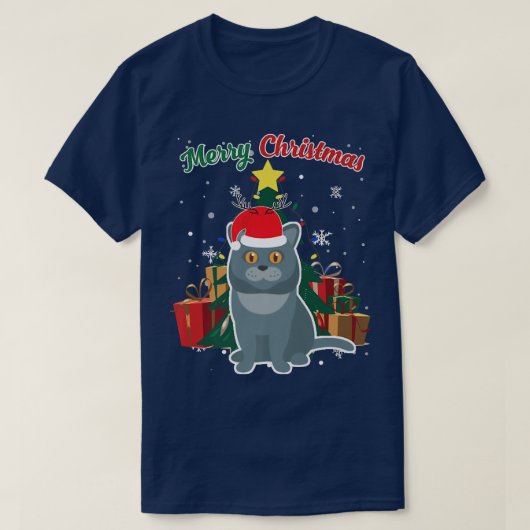 British Shorthair Christmas Tree Snow Flakes Xmas  Tシャツ (デザイン正面)