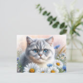 British Shorthair Floral Cat Portrait ポストカード (スタンド正面)
