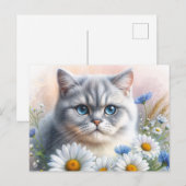 British Shorthair Floral Cat Portrait ポストカード (正面/裏面)