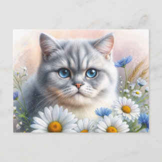 British Shorthair Floral Cat Portrait ポストカード
