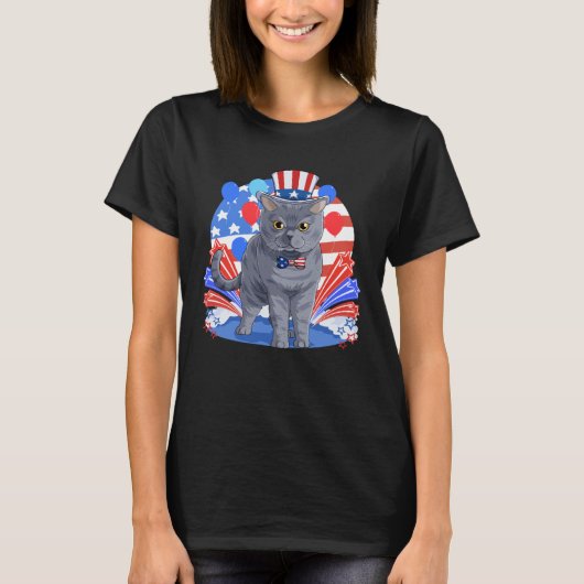 British Shorthair Merica 4th of July American Flag Tシャツ (正面)