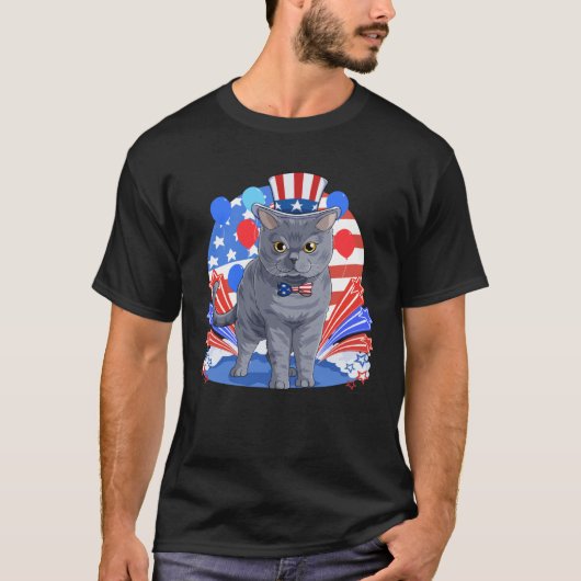 British Shorthair Merica 4th of July American Flag Tシャツ (正面)