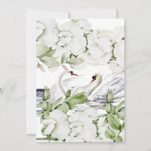 British White Floral & Swan Watercolor Art セーブザデート (正面)