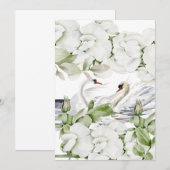 British White Floral & Swan Watercolor Art セーブザデート (正面/裏面)