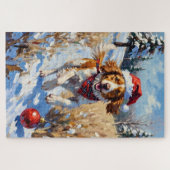 Brittany Spaniel Chasing Christmas Ornament Hat ジグソーパズル (横)