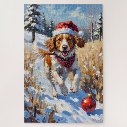 Brittany Spaniel Chasing Christmas Ornament Hat ジグソーパズル (縦)