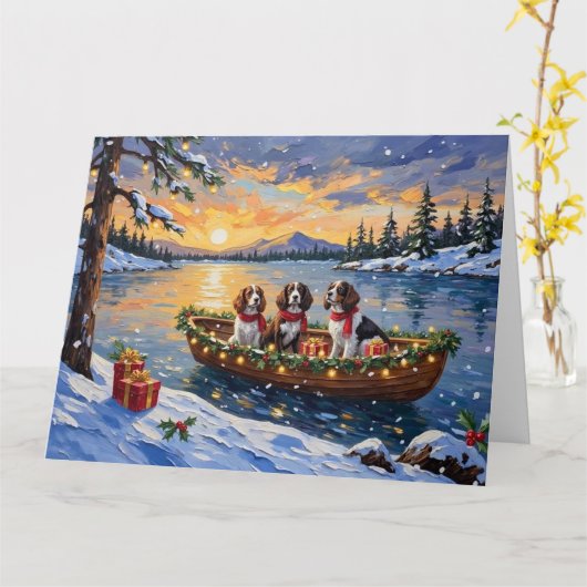 Brittany Spaniel Christmas Boat Holiday カード (黄色い花)