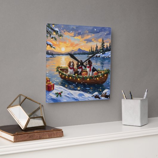Brittany Spaniel Christmas Boat Holiday スクエア壁時計 (オフィス)