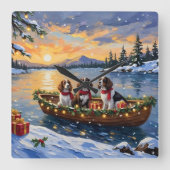Brittany Spaniel Christmas Boat Holiday スクエア壁時計 (正面)