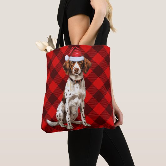 Brittany Spaniel Christmas Dog Red Seasonal Plaid トートバッグ (クローズアップ)