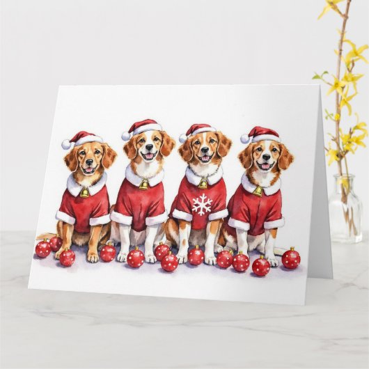 Brittany Spaniel Christmas Dress Santa Hat カード (黄色い花)
