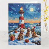 Brittany Spaniel Christmas Lighthouse Holiday カード (黄色い花)