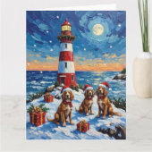Brittany Spaniel Christmas Lighthouse Holiday カード (正面)