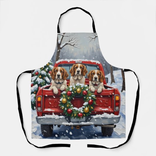 Brittany Spaniel Christmas Red Truck Holiday エプロン (正面)