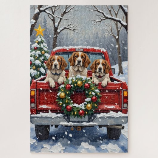 Brittany Spaniel Christmas Red Truck Holiday ジグソーパズル (縦)
