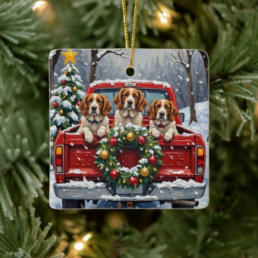 Brittany Spaniel Christmas Red Truck Holiday セラミックオーナメント (ツリー)