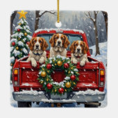 Brittany Spaniel Christmas Red Truck Holiday セラミックオーナメント (裏面)