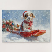 Brittany Spaniel Dog in Sledge Christmas ジグソーパズル (横)