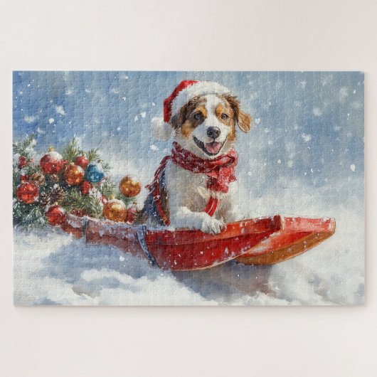 Brittany Spaniel Dog in Sledge Christmas ジグソーパズル (横)