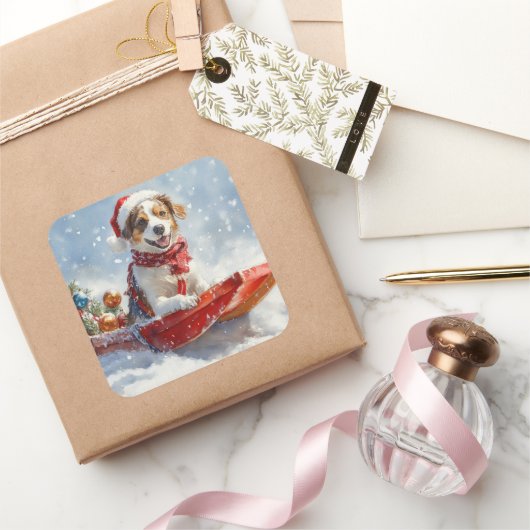 Brittany Spaniel Dog in Sledge Christmas スクエアシール (ギフト)