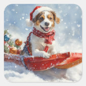 Brittany Spaniel Dog in Sledge Christmas スクエアシール (正面)