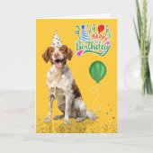 Brittany Spaniel Dog Party Hat Yellow Birthday カード (正面)