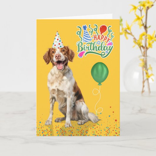 Brittany Spaniel Dog Party Hat Yellow Birthday カード (黄色い花)