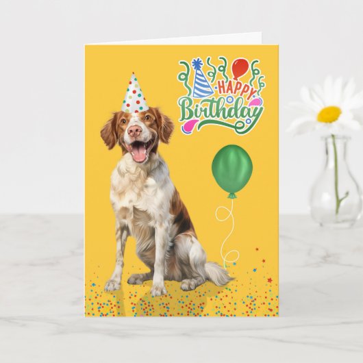 Brittany Spaniel Dog Party Hat Yellow Birthday カード (小さな植物)