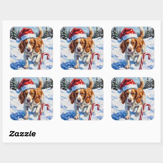 Brittany Spaniel Dog Pointing at Christmas Candy スクエアシール (シート)