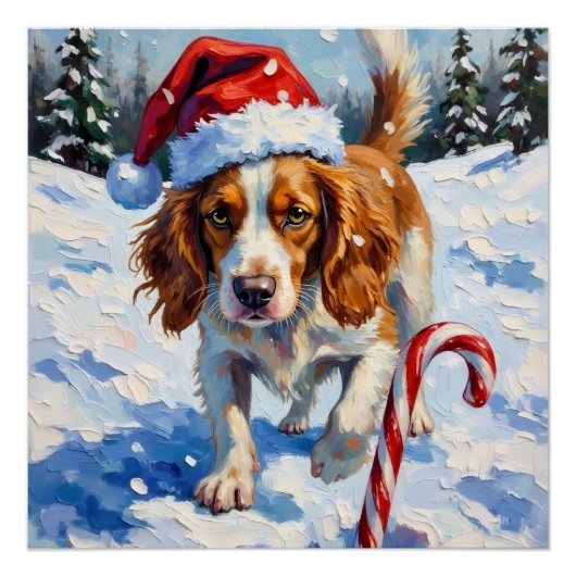 Brittany Spaniel Dog Pointing at Christmas Candy ポスター (正面)