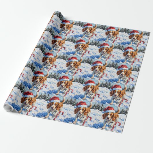 Brittany Spaniel Dog Pointing at Christmas Candy ラッピングペーパー (アンロールド)