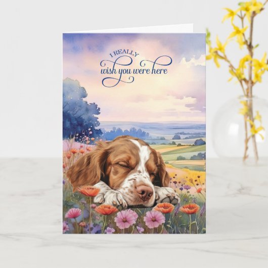 Brittany Spaniel Dog Wildflowers Miss You カード (黄色い花)