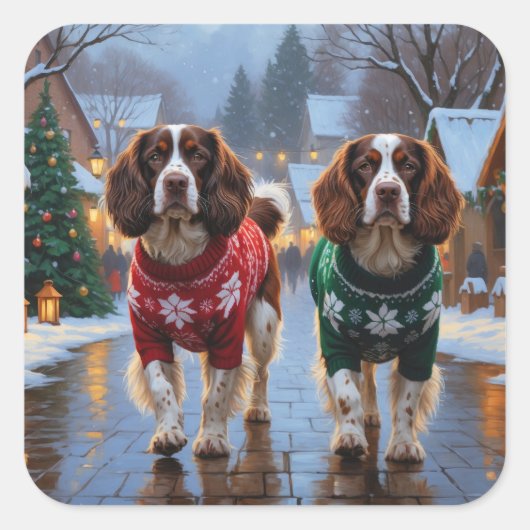 Brittany Spaniel Dogs Christmas Snow Holiday スクエアシール (正面)